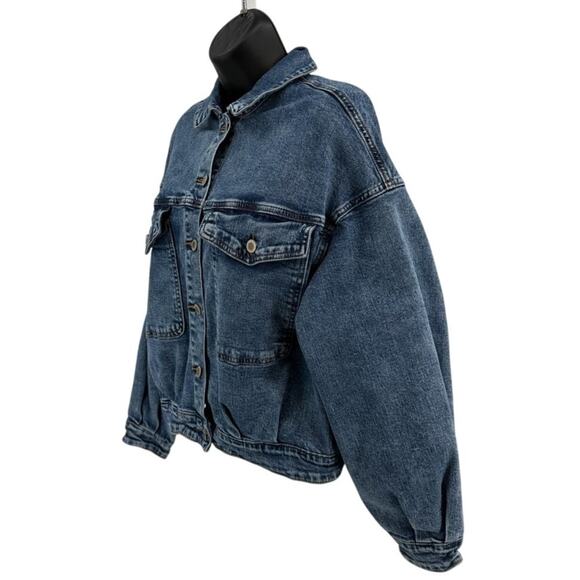 MiSC Jean Jacket SZ M Button Up Denim Medium Wash Collared Stretchy Long Sleeve - Picture 3 of 6
